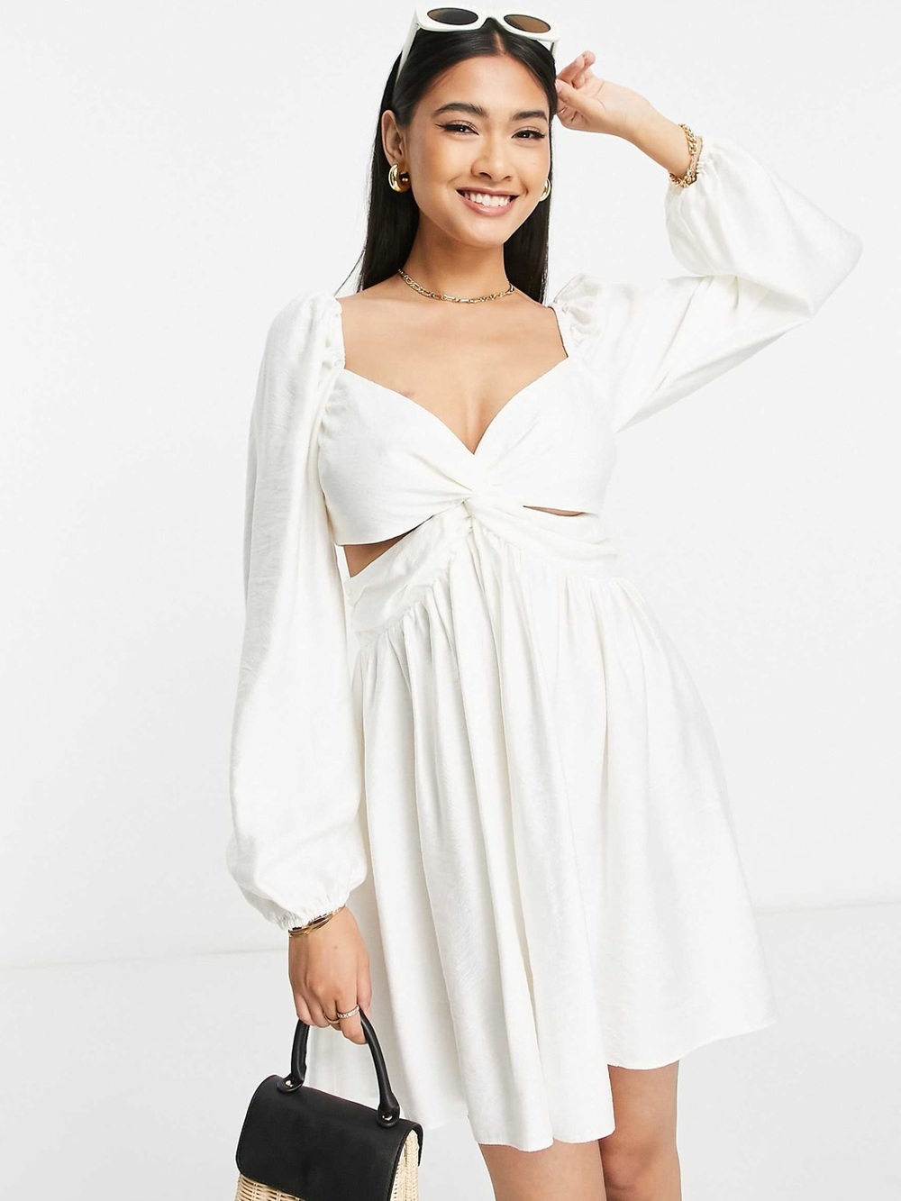 TOPSHOP Twist Cut Out Mini Tea Dress in Ivory - Picture 2 of 8